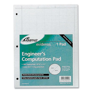 Ampad® Evidence Engineer's Computation Pad, Cross-section Quadrille Rule (5 Sq-in, 1 Sq-in), 100 Green-tint 8.5 X 11 Sheets freeshipping - TVN Wholesale